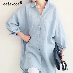 Spring Autumn Y2k Harajuku Vintage Cotton Long Sleeve Shirts for Women Tops Loose Casual Buttons Elegant Simple Solid Blouses
