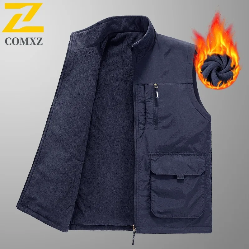 

COMXZ New Autumn Winter Mens Vest Reversible Fleece Outdoor sports Workwear Waterproof Vest Multi Pocket lightweight Waistcoat