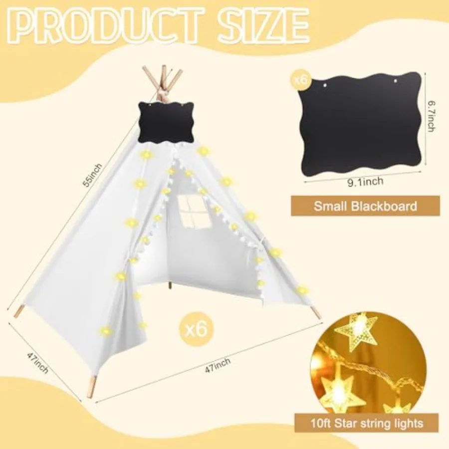 6 pacotes de tenda teepee para com luzes de corda de 10 pés, tenda teepee para jogos internos e externos para meninas e meninos, tendas dobráveis para aniversário