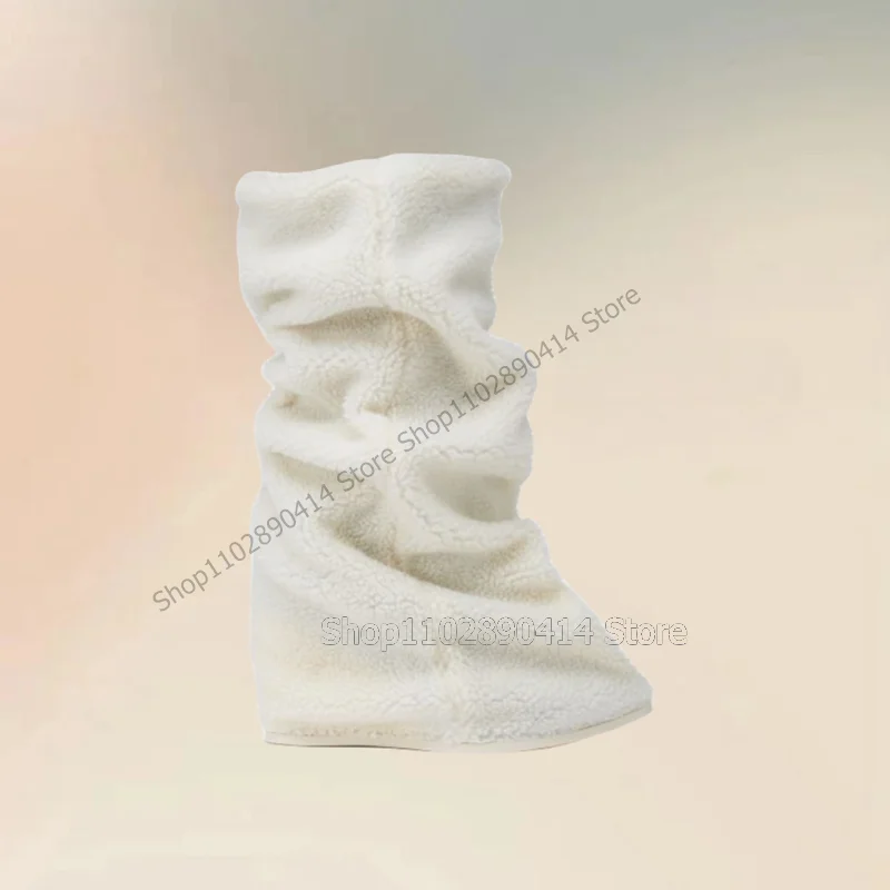 Botas de cuña de lana de cordero Para mujer, Zapatos de punta estrecha, sin cordones, cálidos, a la moda, Para fiesta y banquete, color blanco, 2023