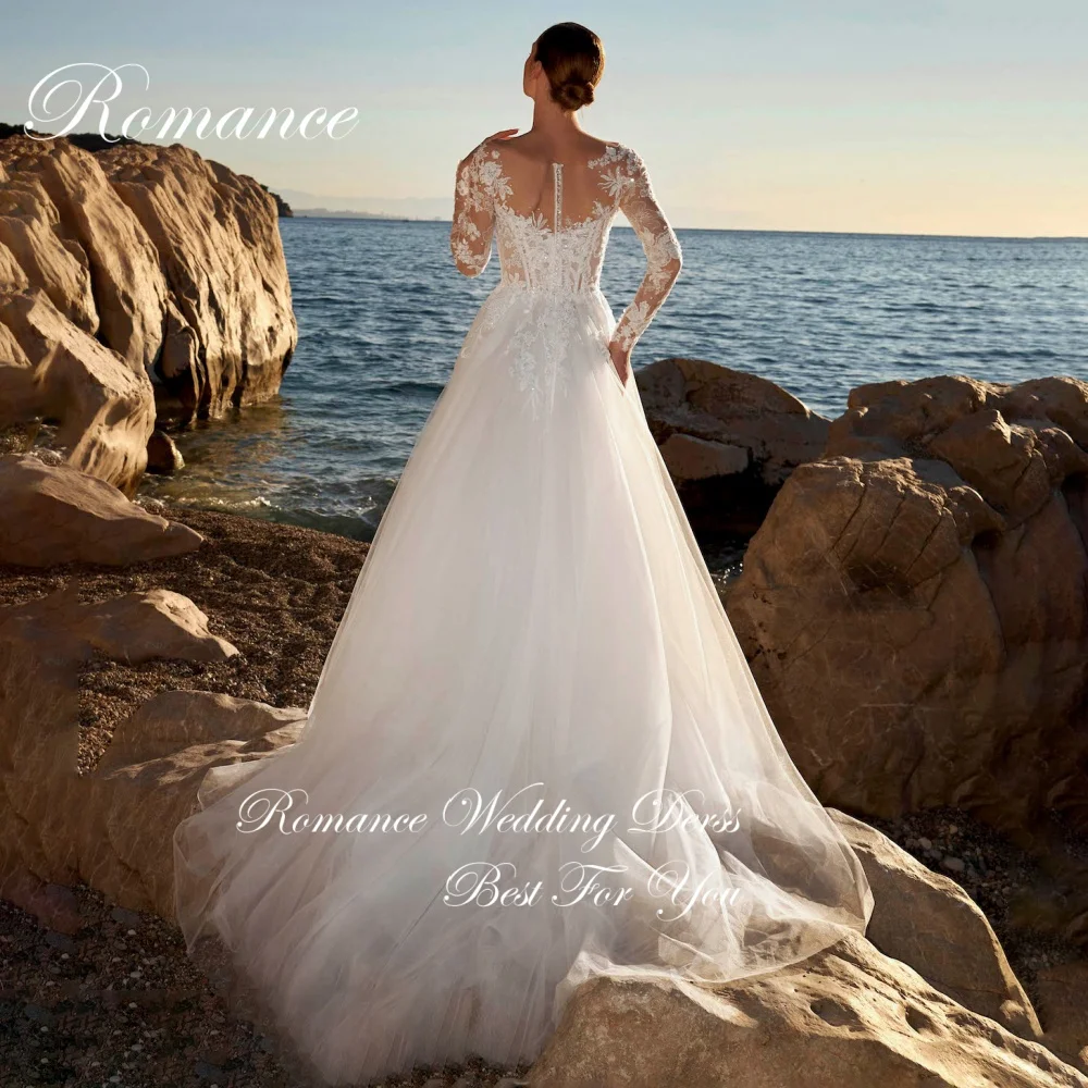 우아한 긴 소매 레이스 아플리케 A라인 웨딩 드레스 여성용 V넥 비딩 일루전 백 튤 베스티도스 데 노비아 맞춤 제작
