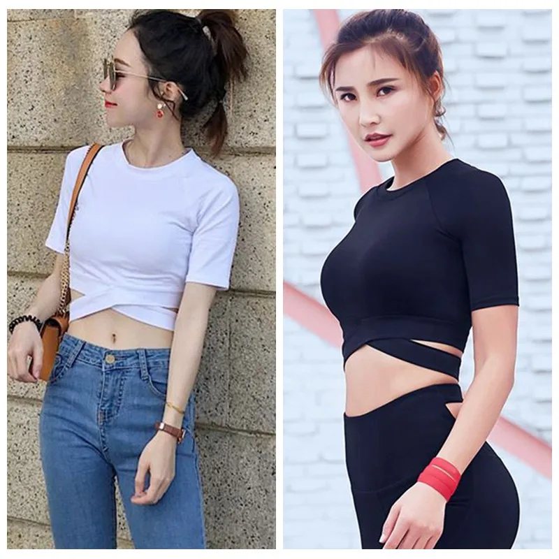 Crop Tops for Women O-Neck Tops Short Sleeve Crop Tops Basic Cropped T Shirts Female Summer Sports T Shirts