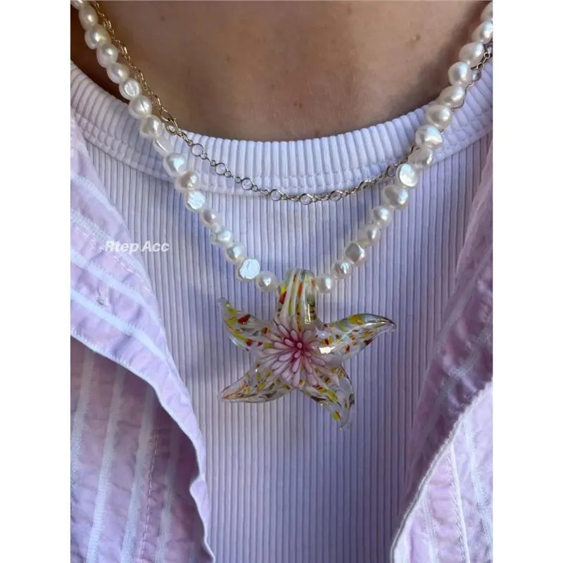 Cute Print Starfish Exaggerated Imitation Pearl Island Style Neck Chain Transparent Beaded Necklace Collarbone Chain