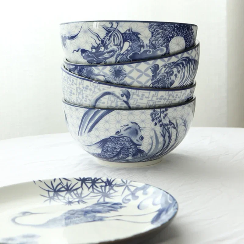 Vintage Round Soup Bowls, Blue and White Porcelain, Chinese Style Ink Design, Tableware for Soup, Salad, Ramen, Cereal