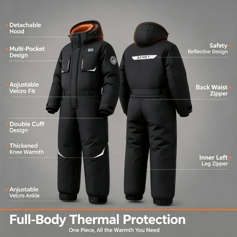 One‑Piece Winter Windproof Coverall, Thick Fleece Lined Thermal Riding Suit for Electric Scooter Motorcycle Outdoor Cold Weather