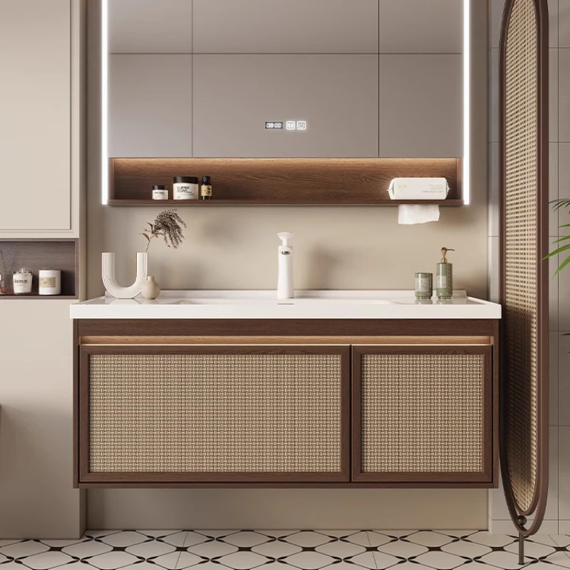 

Антикварный шкаф для ванной комнаты из искусственного ротанга, керамический встроенный умывальник, унитаз, умывальник из орехового дерева, шкаф для умывальника