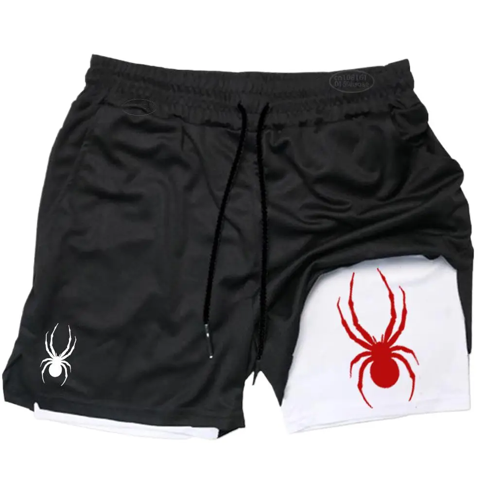 Summer New Spider Men's Sports Shorts 2 in 1 Gym Running Shorts Jogging Casual Sportswear Fitness Double Layer Shorts
