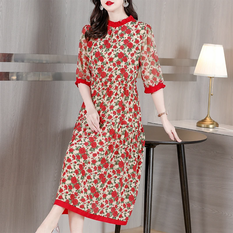 

2023 Summer New Temperament Silk Short Sleeve Fragmented Flower Dress Women's Top Brand High-end Silk Red Dress