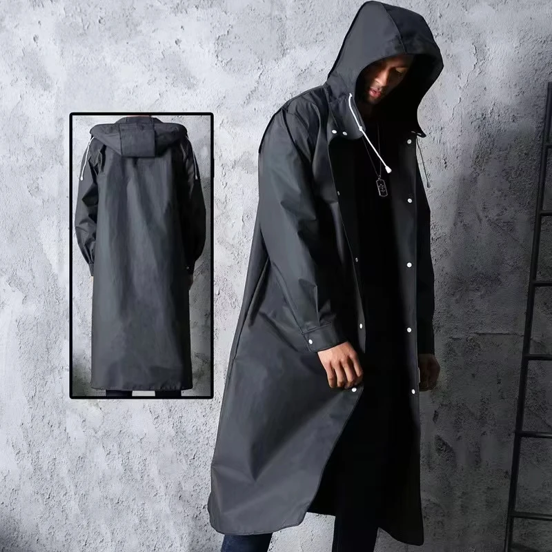 ​Reusable Raincoats Fashion Black Adult Windbreaker Style Waterproof Long Raincoat  Hooded Cycling And Hiking Thickened Raincoat