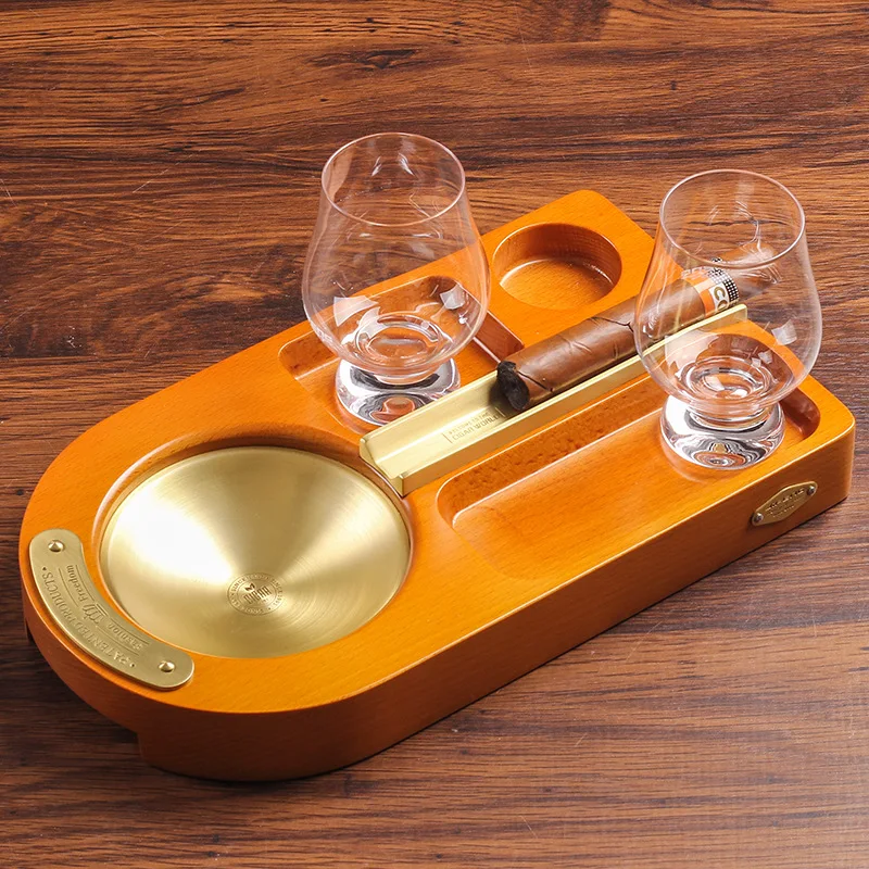 1set Wooden Cigar Ashtray Coaster/Whiskey Glass Tray and Cigar Holder  Slot to Hold Cigar Rest Accessory Set Gift for MenT107