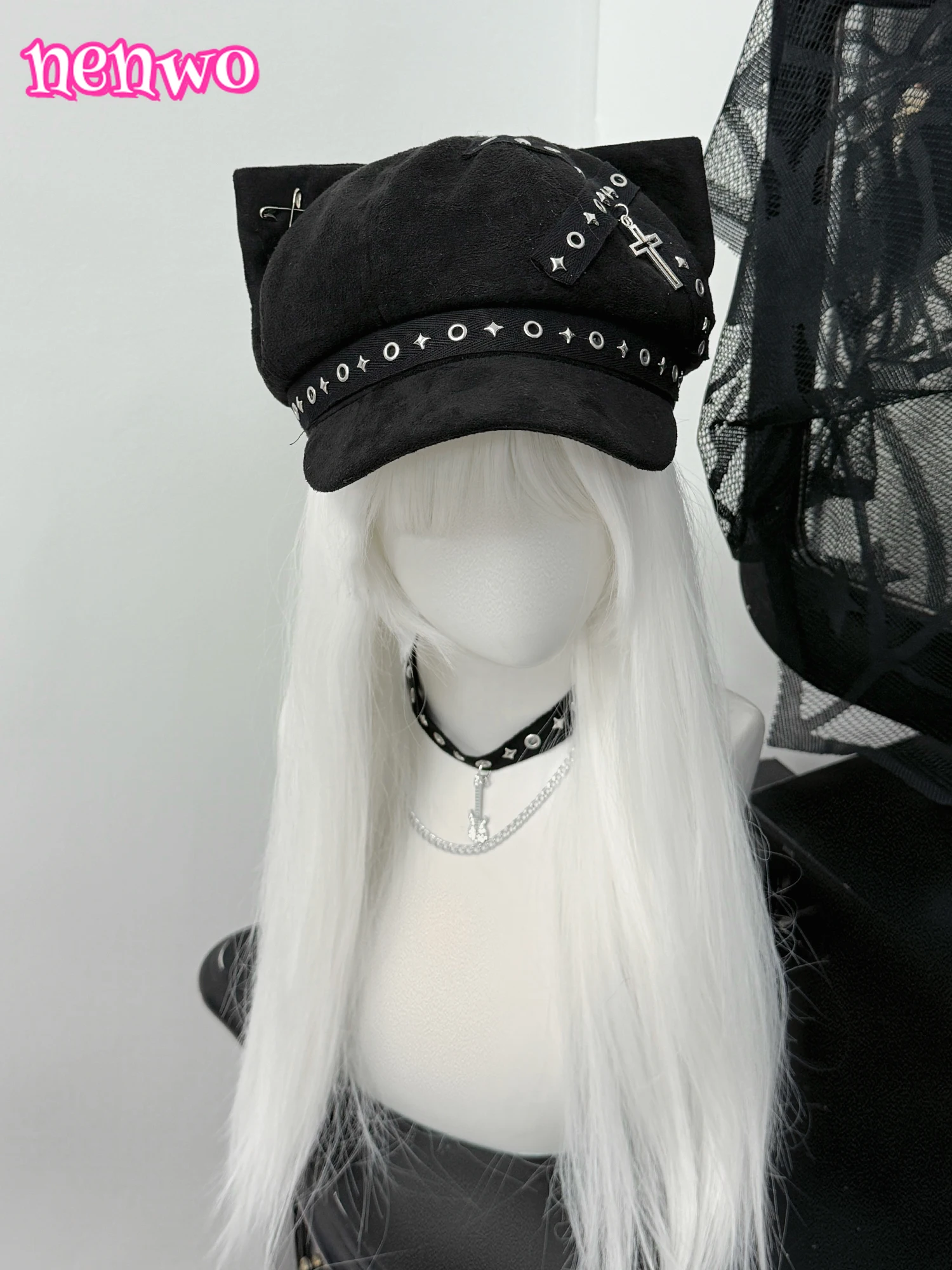 ダークパンクサブカルチャー猫耳キャスケット帽女性用ぬいぐるみクロスリベットチェーン装飾キュートエッジィ多用途スタイリッシュなヘッドウェア