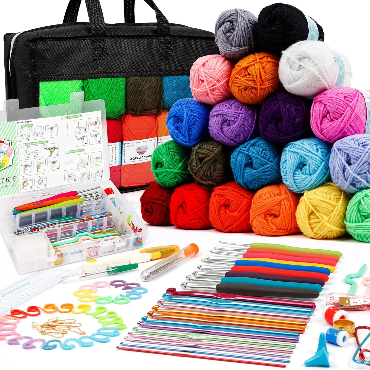 

20 Acrylic Yarn Skeins Crochet Kit with 105 Pcs Hooks and Accessories for Adults Beginners