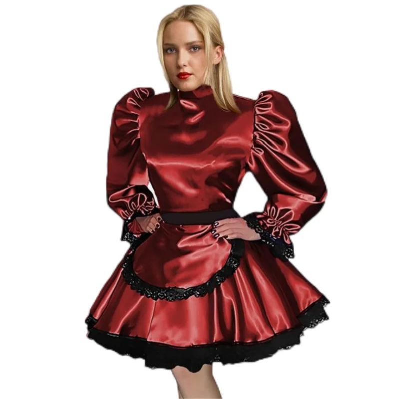 

French Sexy Adult Customized Fetishist Crossdressing Sissy Red Satin Long Sleeve Lace Inlaid Independent Apron Shoulder Fluffy D