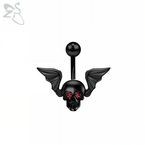 Black Stainless Steel Belly Button Ring, Gothic Skull