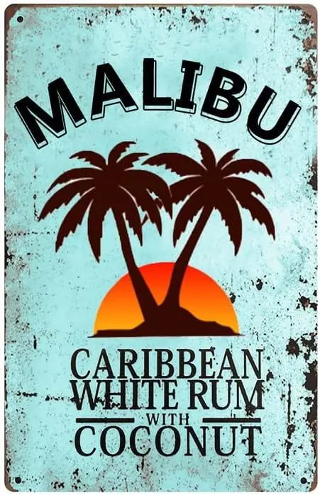 Malibu Caribbean White Rum with Coconut Metal Sign, Halloween Decorations Kitchen Decor Fantasy Gifts, Living Room Bar Garage Cl