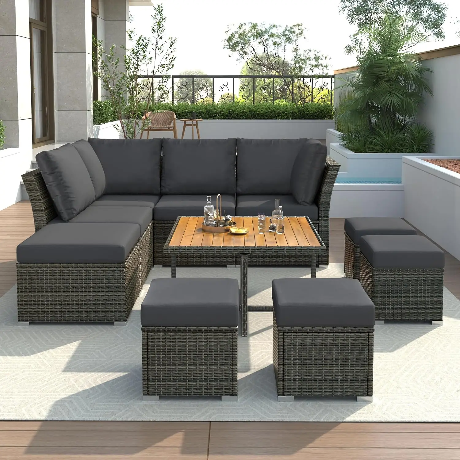 Patio Furniture 10 Pcs Outdoor Conversation Set With Solid Wood Coffee Table & Ottomans, Customized