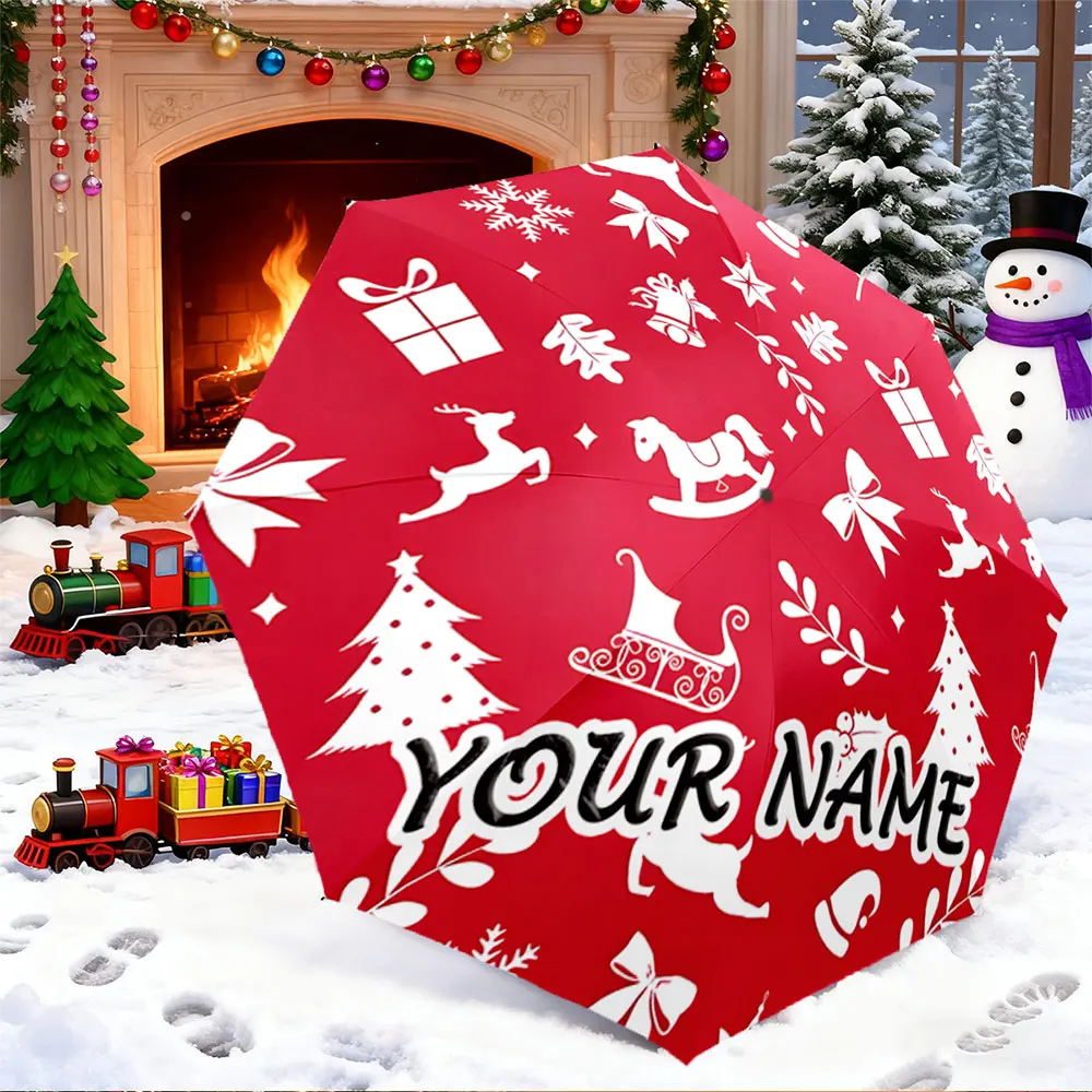 Custom Name Umbrella， Christmas Theme Red Umbrella with Reindeer, Gift, and Snowflakes Pattern ,Portable Folding Umbrella, Gift