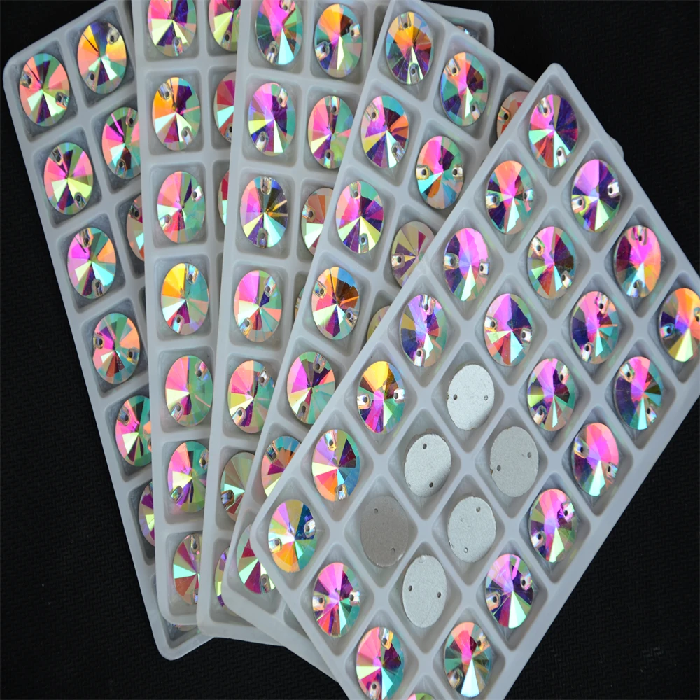 Großhandel Crystal AB Rivoli zum Aufnähen, Stein, flache Rückseite, 2 Löcher, 8,10,12,14,16,18 mm, runde Glas-Nähkristallperlen, Kleiderherstellung – Detail 6
