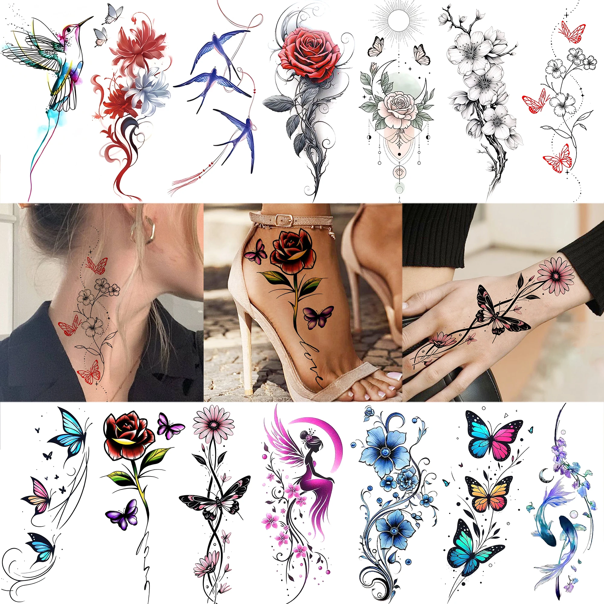 1 Sheet Watercolor Butterfly Flowers Bird Temporary Tattoos Women Neck Foot Hand, Fake Tattoo Stickers Realistic Tatoo Last Long