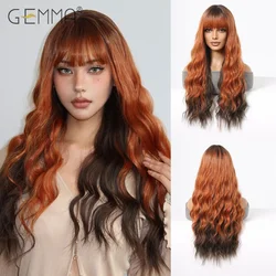 Long Curly Wave Synthetic Wig Orange Brown Layered Cosplay Wigs with Bangs Halloween Party Fake Hair for Women Heat Resistant
