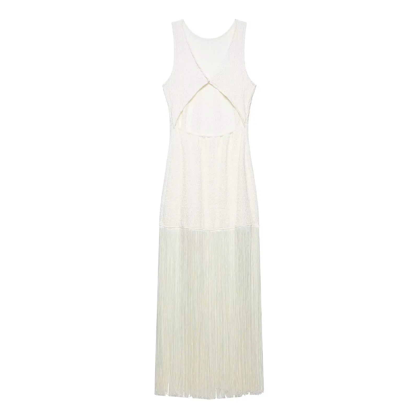 Zevity 2026 Women Sexy Hem Tassel Stitching Knitting Slim Midi Dress Female Chic Backless Hollow Out Club Party Vestidos DS9520 view 5