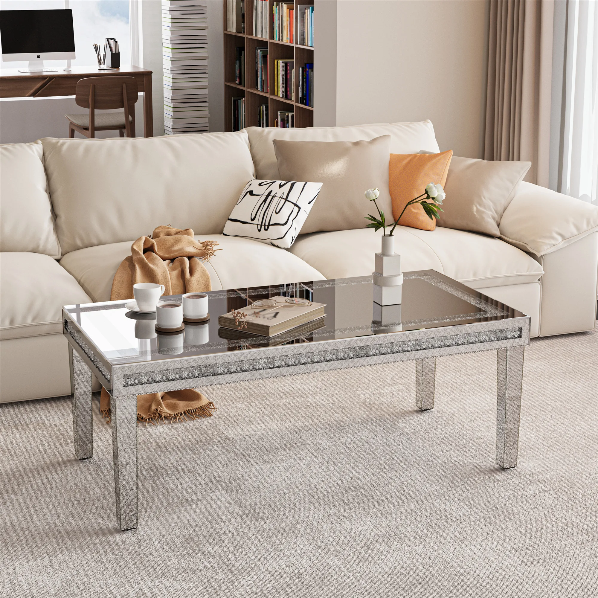 Cafe Tables Large Rectangular Diamond Mirrored Crystal Coffee Table for Living Room Furniture