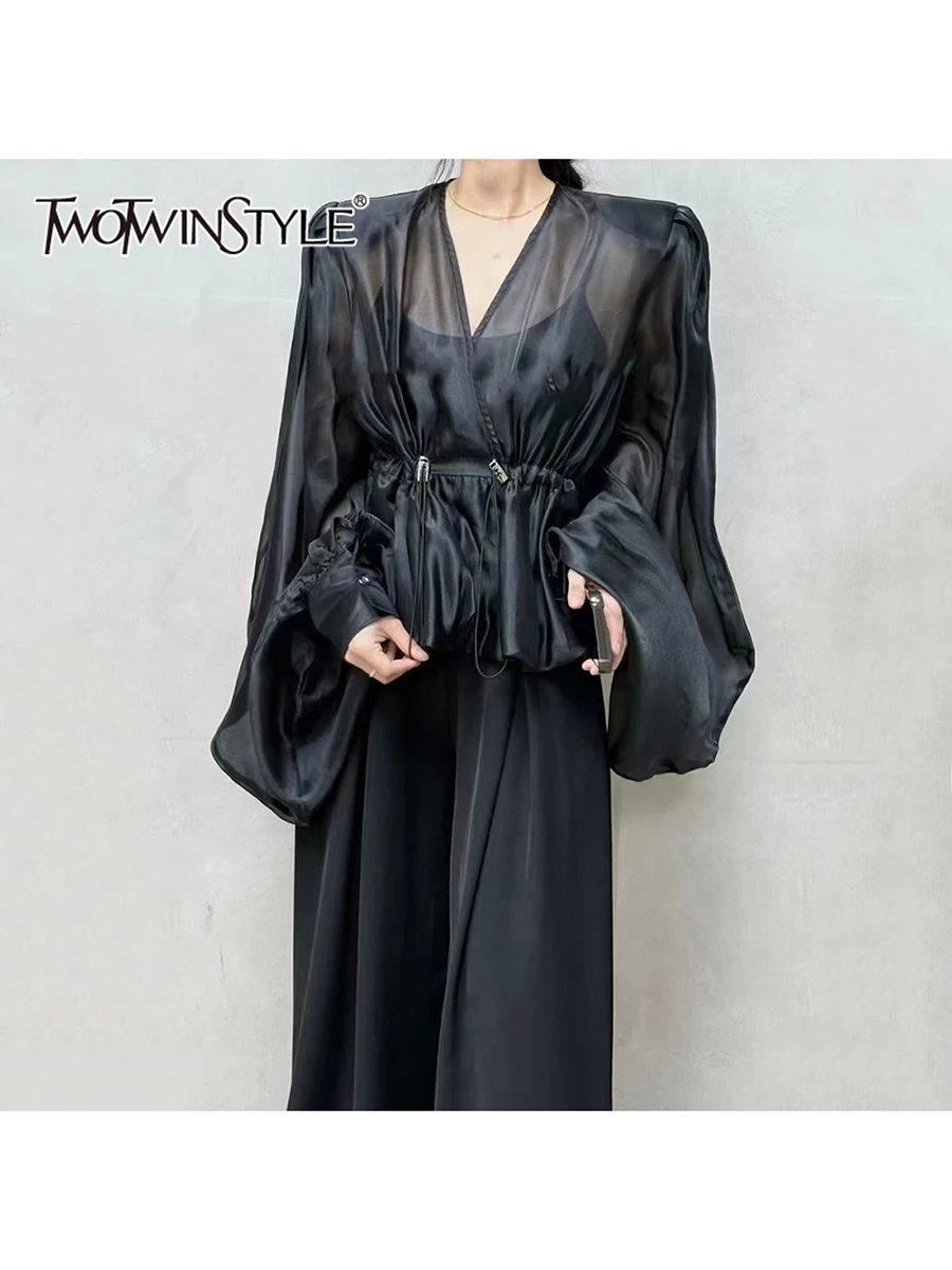 TWOTWINSTYLE Solid Belt Loose Blouses For Women V Neck Long Sleeve Tunic Temperament Casual Shirts Female Fashion Style Clothes