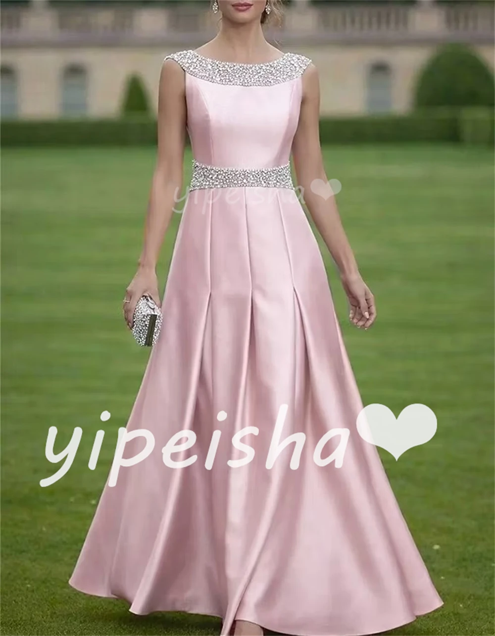Customized Formal Women Charmeuse Rhinestone Ruched A-Line Evening Dresses Classic O-Neck Sleeveless Floor Lenght Prom Dresses