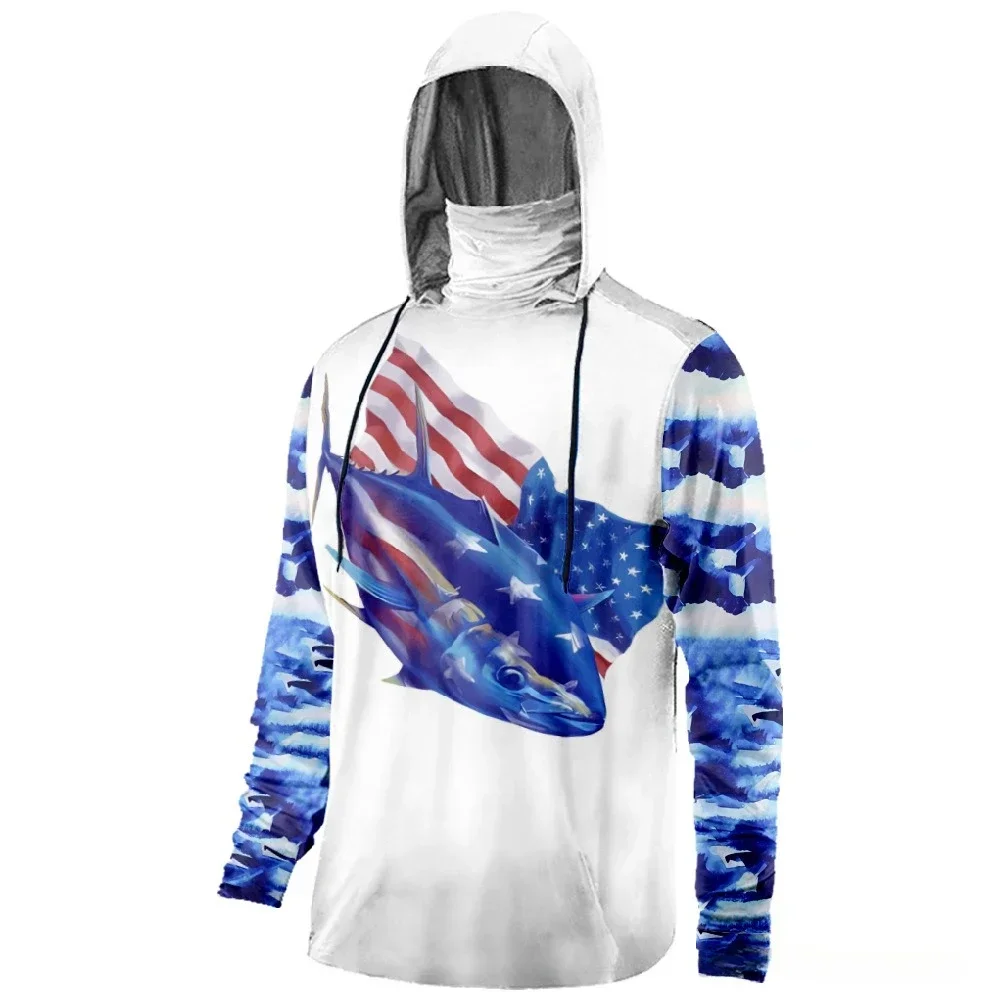 Mens Fishing Clothing Tuna Water Waves Camouflage Printed Sun Protection Face Mask Hoodies Outdoor Sports Breathable Clothes