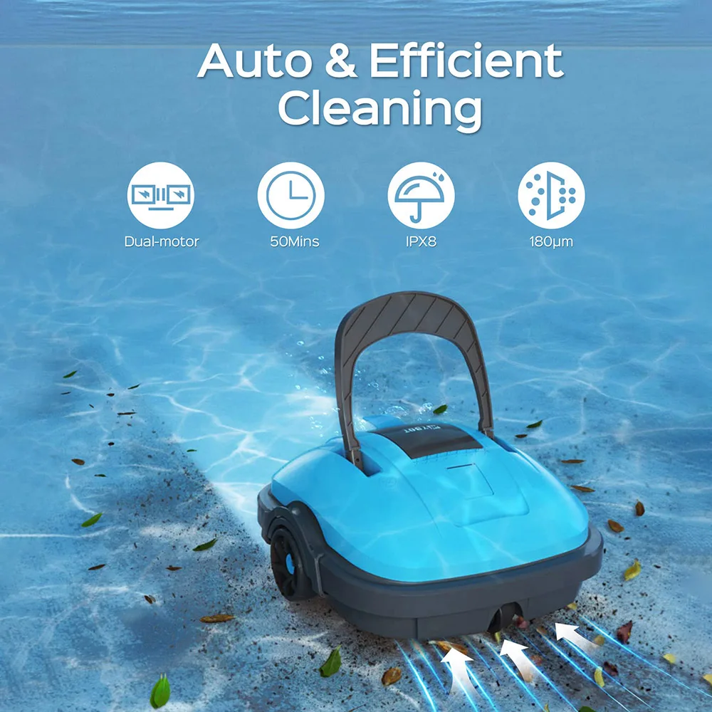 WYBOT-مكنسة روبوت لاسلكية ، محرك مزدوج ، وقت تشغيل 50 دقيقة ، حتى 525sq.ft ، لحمامات السباحة المسطحة السفلية ، غبار 2.5 لتر ، IP68 ، WY1102