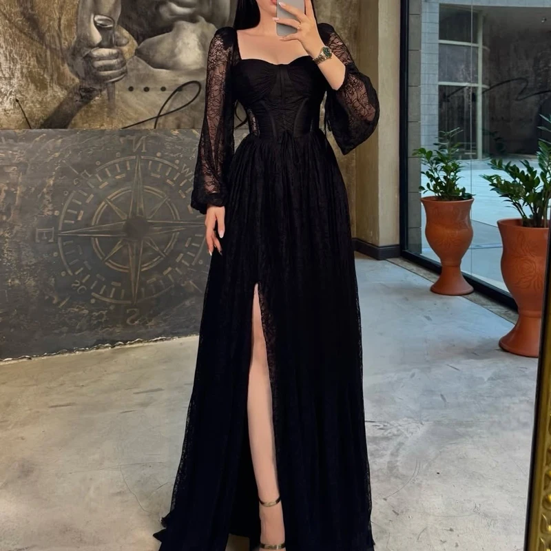

Elegant Lantern Long Sleeve Party Dress Summer Solid Color High Waist Pleated Dress Temperament Tube Tops Lace Embroidery Dress