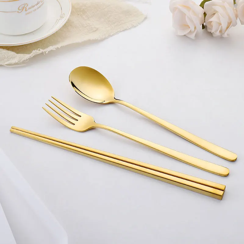 3pcs Reusable 304 Stainless Steel Tableware Set Portable Spoon Fork Chopsticks Set for Travel Outdoor Dinnerware with Pack