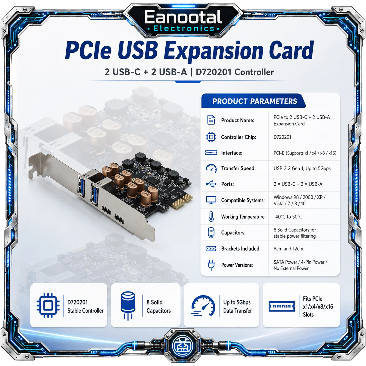 4 Port PCIe USB 3.0 Card 2 Type-A 2 Type-C 5Gbps D720201 SAT