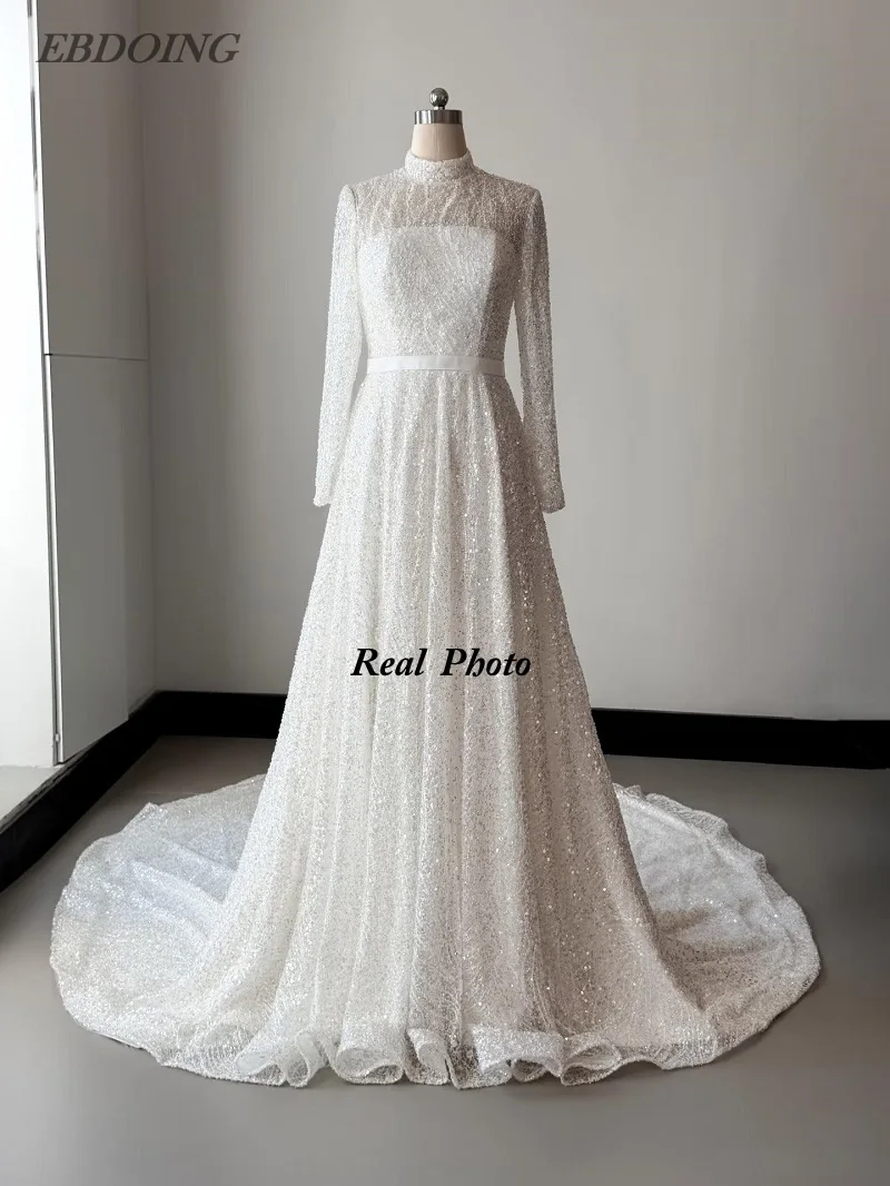 EBDOING Sparkle A-Line Lace Wedding Dress High Neck Full Sleeves Customized Bride Gown