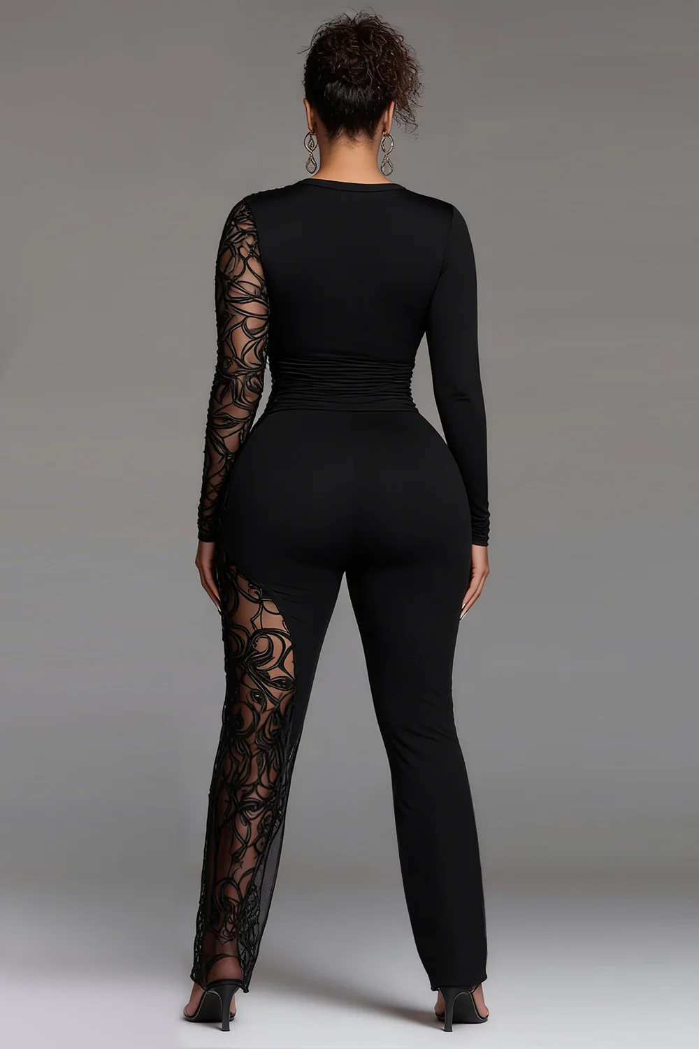 Plus Size Valentines Black Round Neck Long Sleeve Contrast See Through Jumpsuits