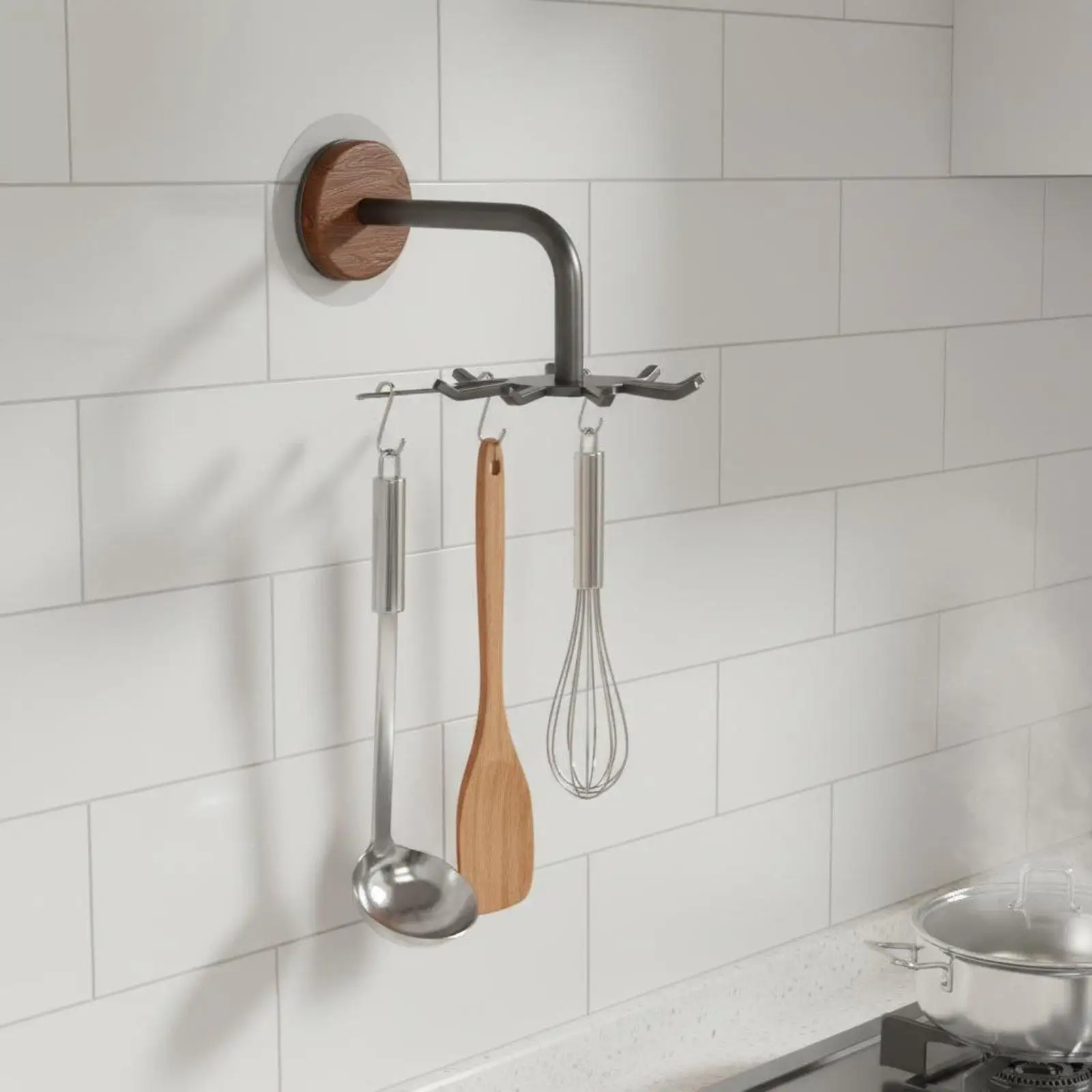 Kitchen Storage Shelf Wall Mounted Floating Rack Hanger Adjustable Hooks Organizer for Cooking Tools