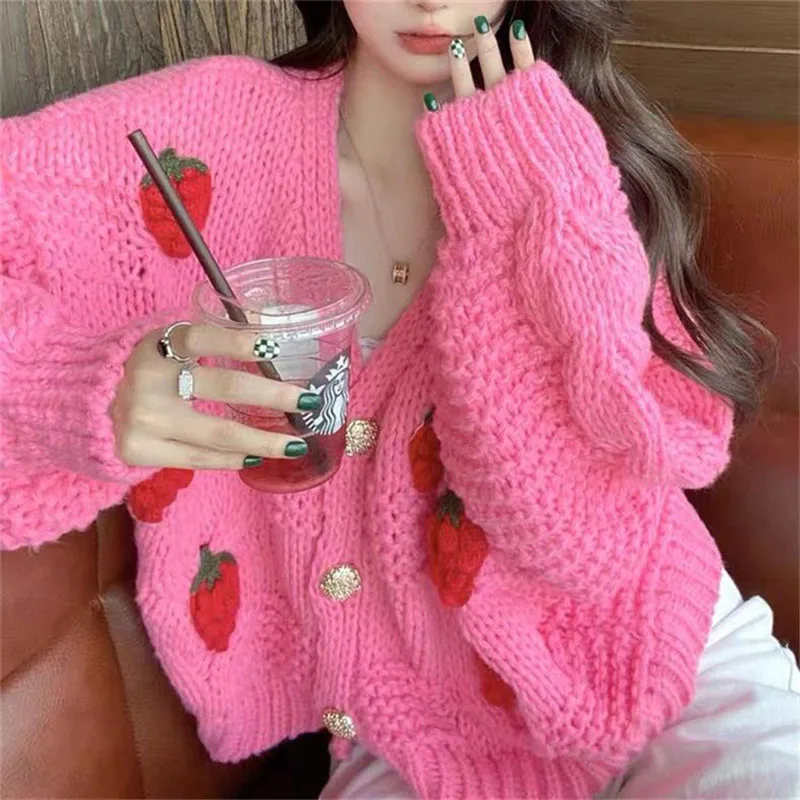 Sweet Strawberry Embroidery Sweater Coat Women Casual Loose V-neck Single-breasted Cardigan Short Knitted Cardigans Outerwear