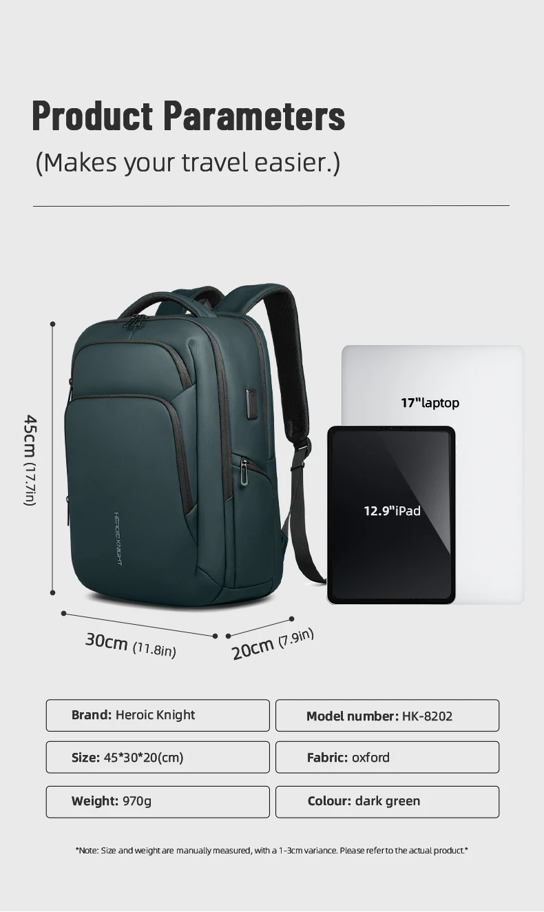 Heroic Knight Business-Laptop-Rucksack für die Arbeit, wasserdichtes Oxford-Gewebe, große Kapazität mit USB-Ladefunktion, tragbarer Herrenrucksack – Detail 3