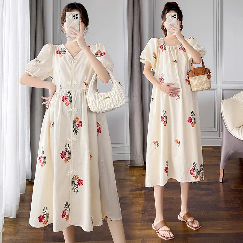 

9982# Summer Korean Fashion Embroidery Maternity Dress Elegant V Neck Double Layer A Line Clothes for Pregnant Women Pregnancy