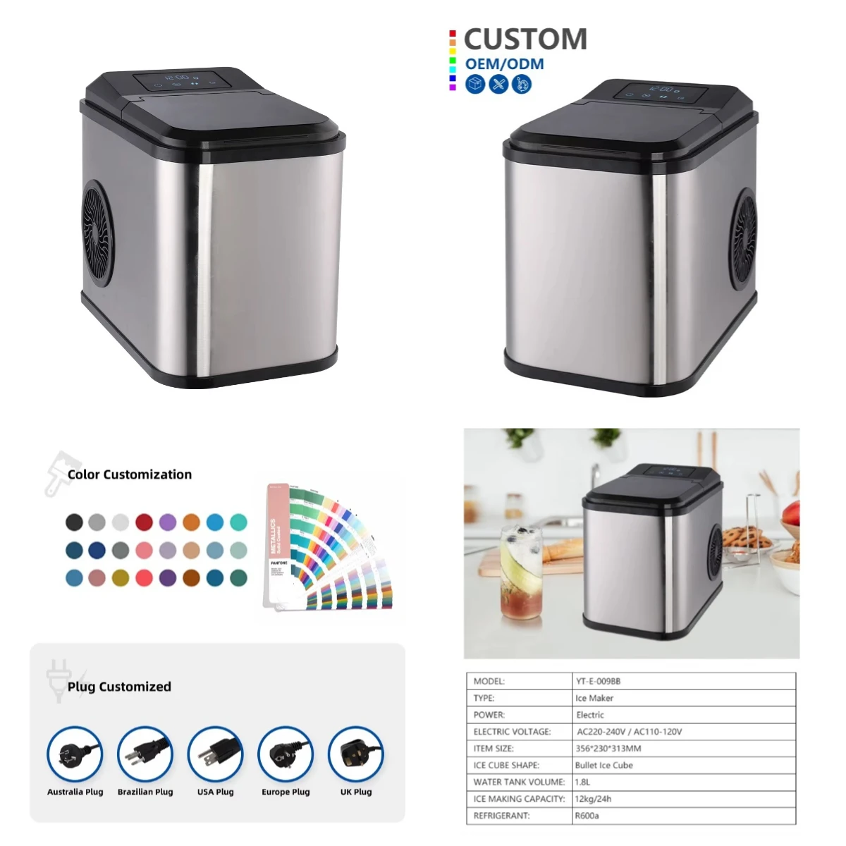 Automatic  Mini Ice Maker 12kg/24h Stainless Steel Portable for Home Hotel