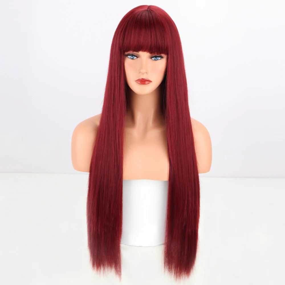 Long Wine Red Straight Synthetic Wig With Bangs for Black Women Party Cosplay Hair Wigs Heat Resistant