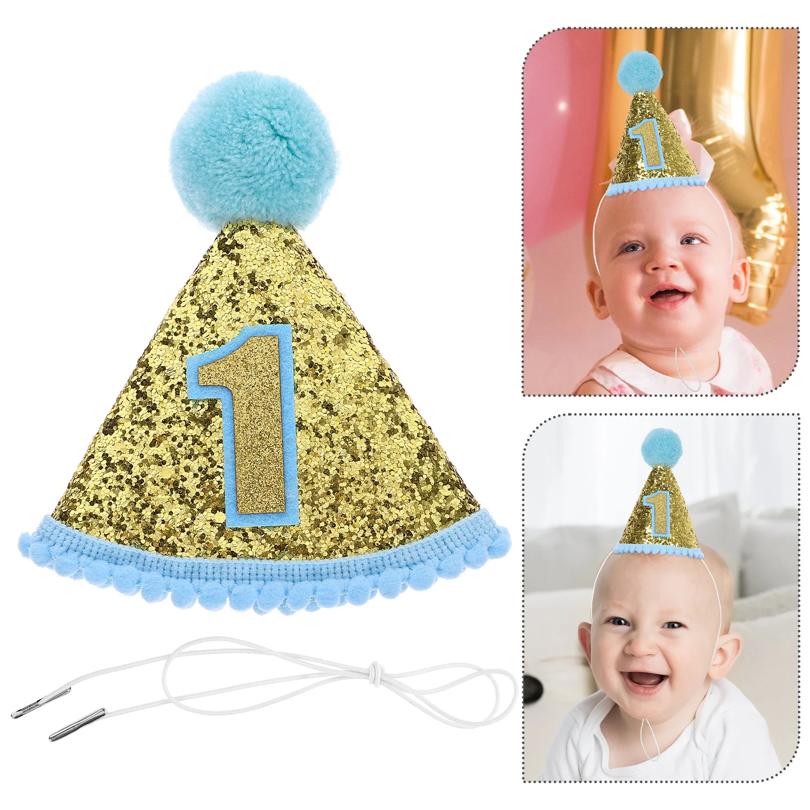 Sombrero de cono de 1er cumpleaños con purpurina y diadema ajustable para suministros de fiesta de niña (azul) sombrero de fiesta