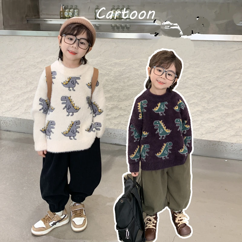 Spring Autumn Child Mink Fur Sweater with Dinosaurs for Baby Boy Casual Cartoon Knitwear Toddler Girls Cute Knit Clothes 1-9 Y