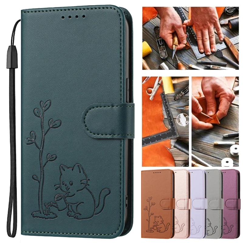 Leather Wallet Card Holder Phone Cover - Cats & Trees Pattern Leather Phone