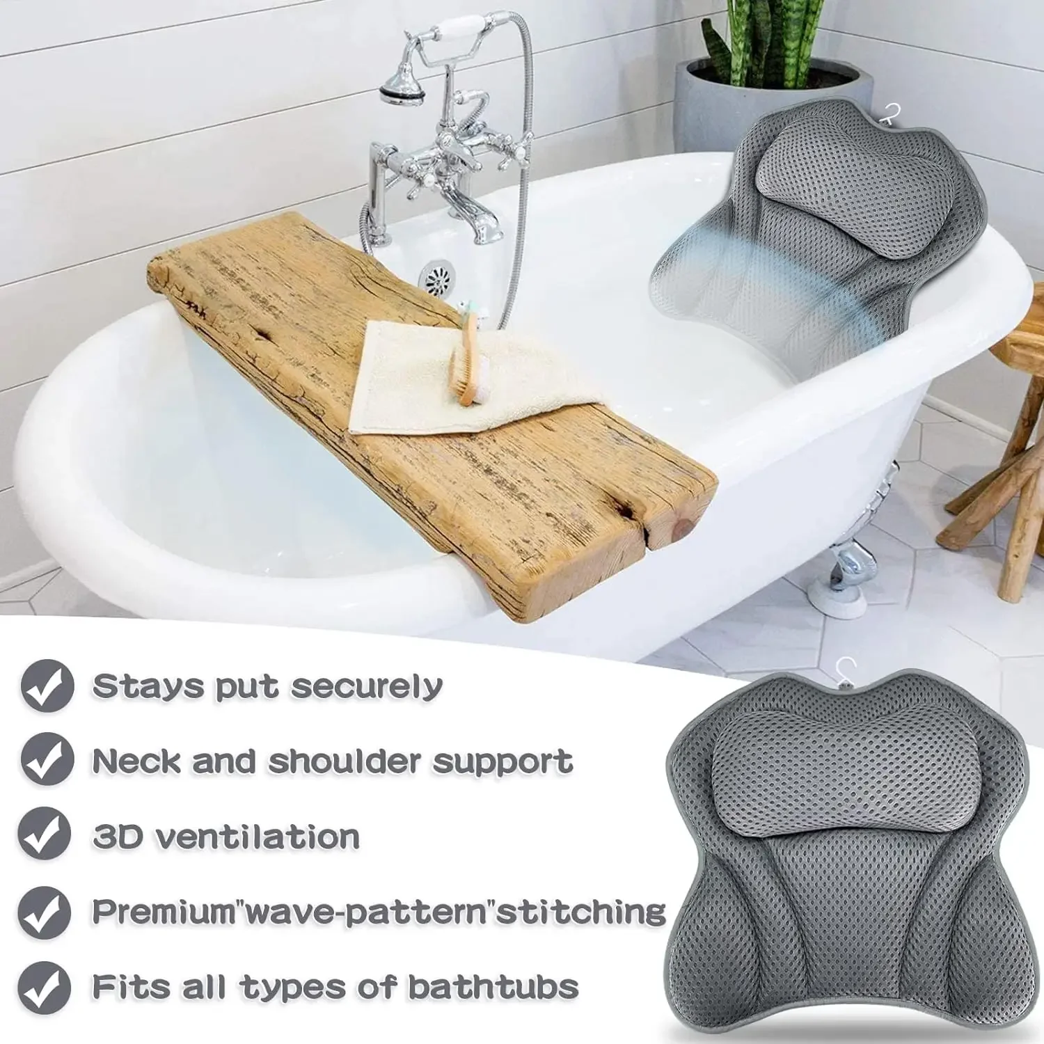 Grey Bath Pillow Non-Slip With Suction Cup For Neck and Back Support Breathable 3D Mesh Bathtub Spa Head Rest Bathroom Supply