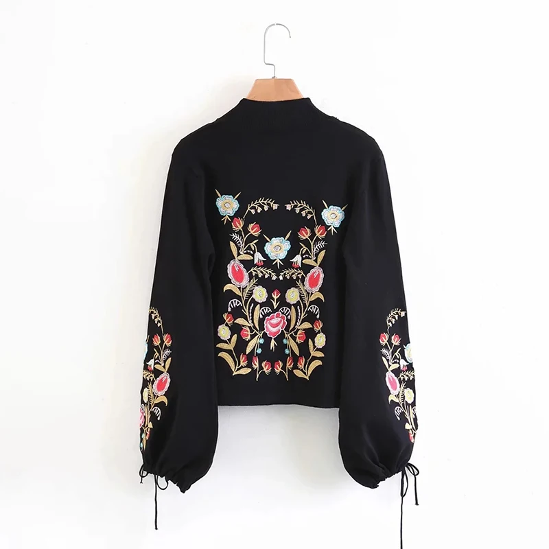 BPN Hit Color Patchwork Embroidery Knitting Sweaters For Women Turtleneck Long Sleeve Spliced Lace Up Pullover Sweater Female