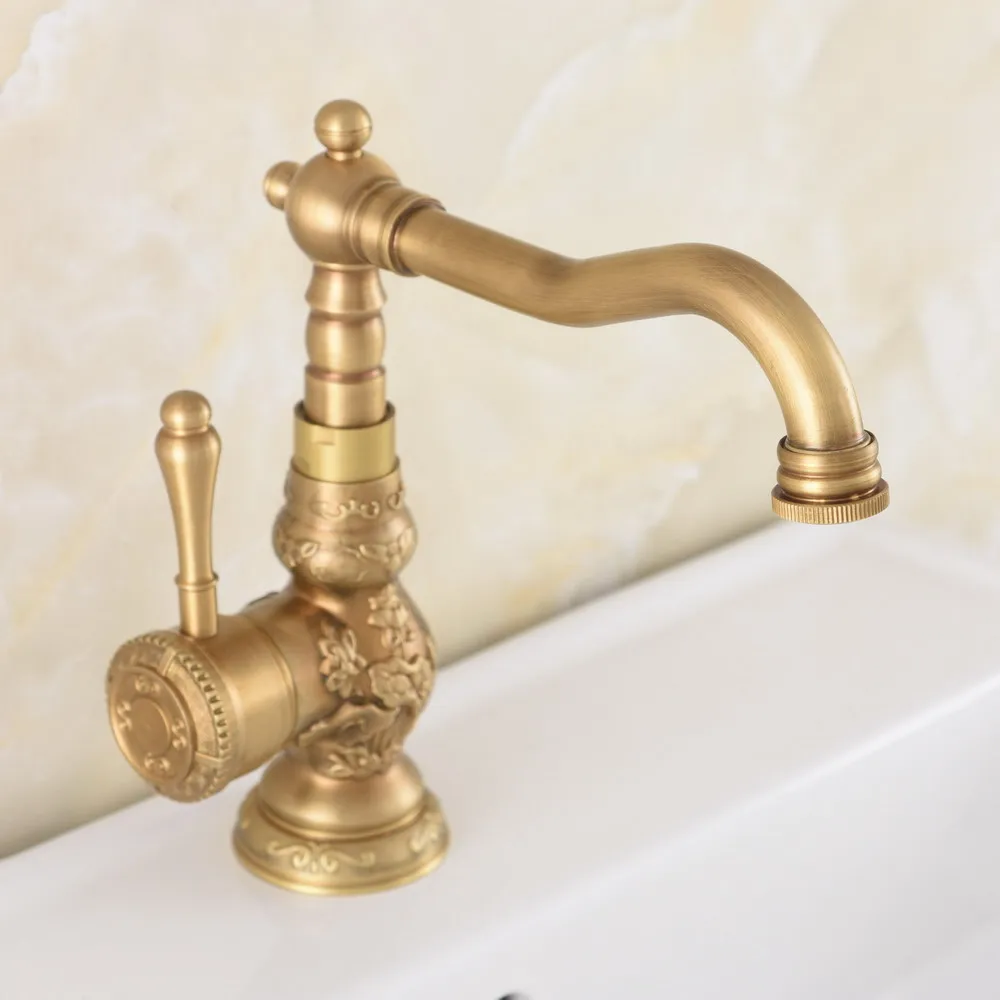 

Deck Mounted Carved Flower Antique Brass Swivel Spout Kitchen Bathroom Basin Sink Hot Cold Mixer Tap Faucet One Hole mnf705