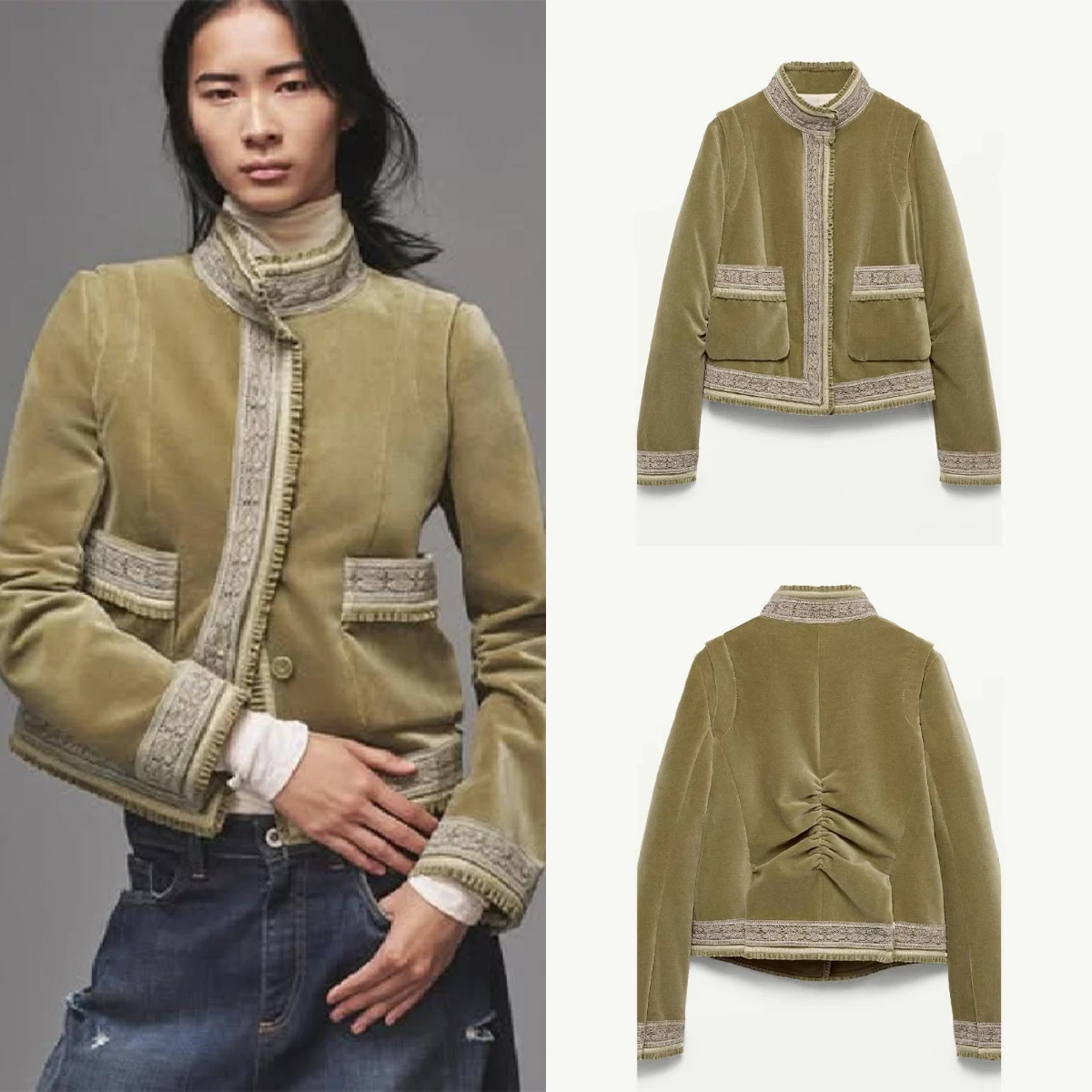 Vintage Patch Tasche Jacke Spitze Chic Modische Trendy Retro Designer Weibliche Oberbekleidung frauen Herbst Boho Warme Streetwear