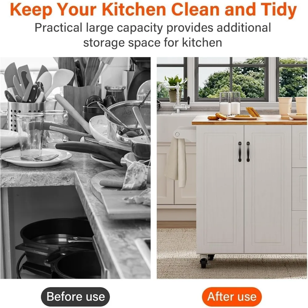 Rolling Kitchen Island with Storage,43" Kitchen Island Cart with Drop Leaf & Spice Rack & 3 Drawers,Portable Islands for Kitchen