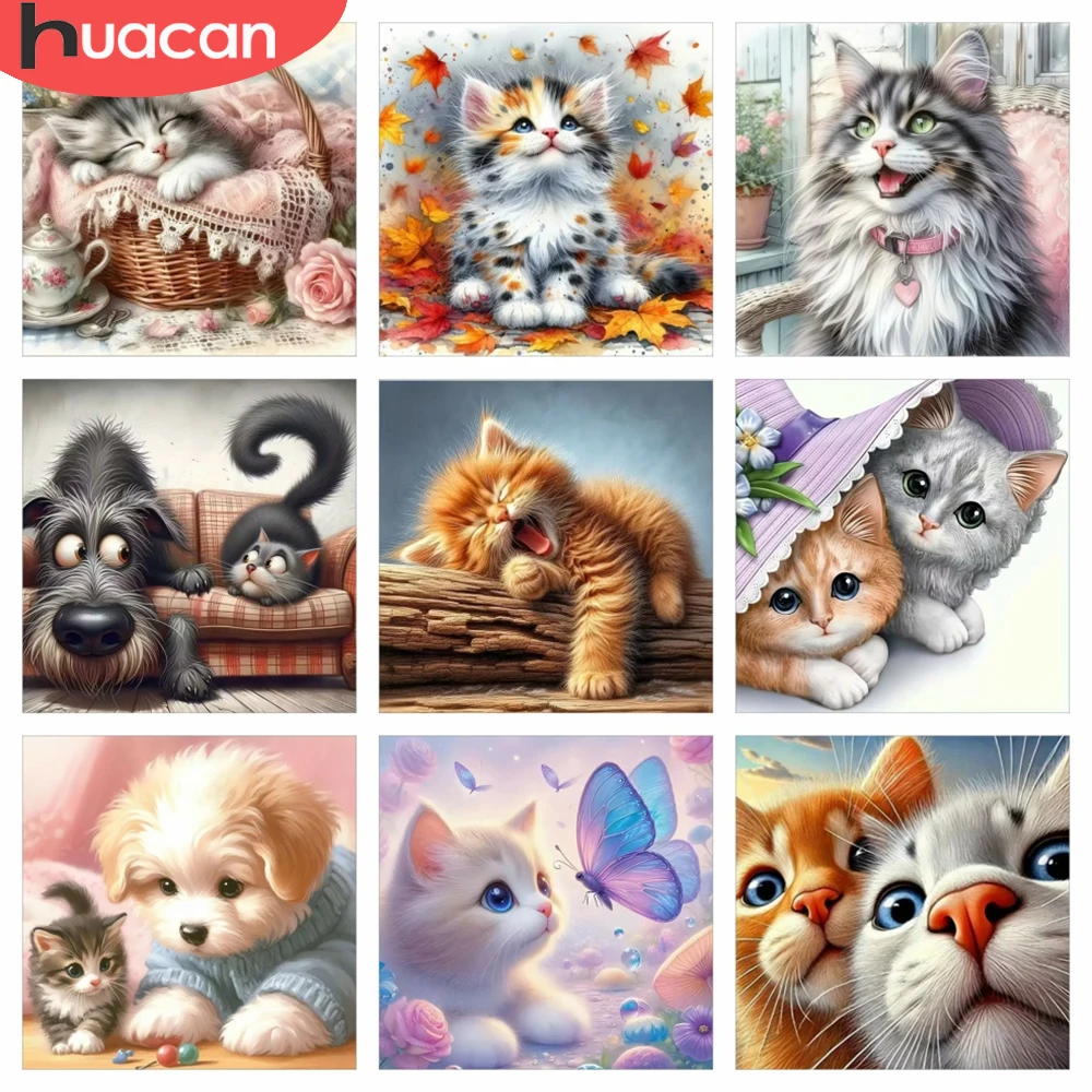 HUACAN Cat Diamond Art Kits Animal Mosaic Handicrafts Home Decor Rhinestones Painting 5d Full Square Round Drill